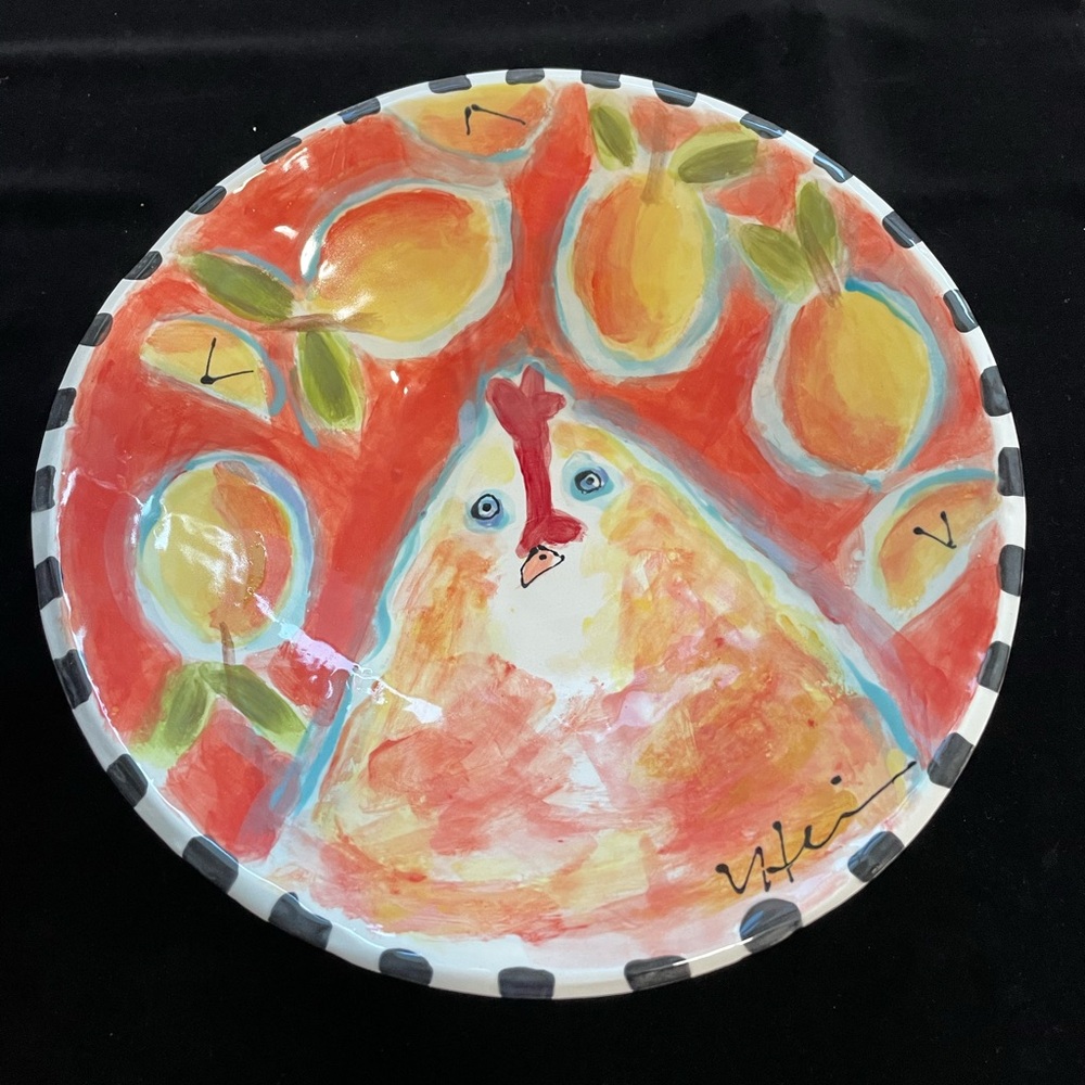 Handmade  Lg Flared Ceramic Bowl 12”x4” Original Chicken & Lemons On Salsa